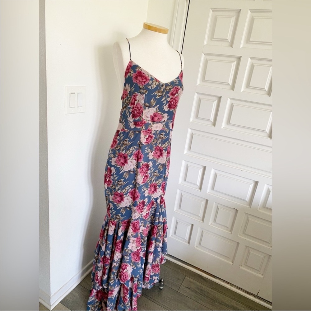 Long Maxi Mermaid Style Dress Blue Pink Floral Corset Lace Up Ruffles - Picture 13 of 15